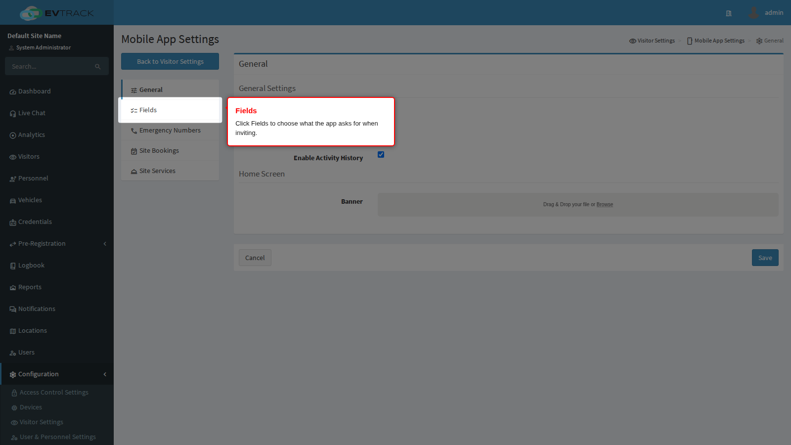 Fields in the page menu