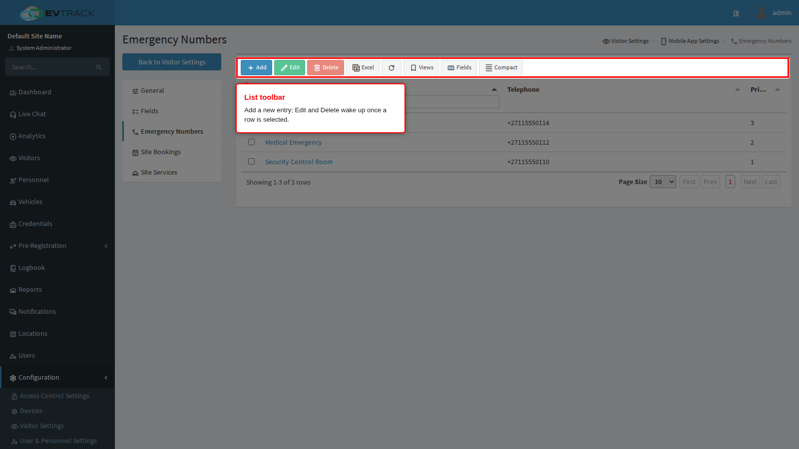 The list toolbar