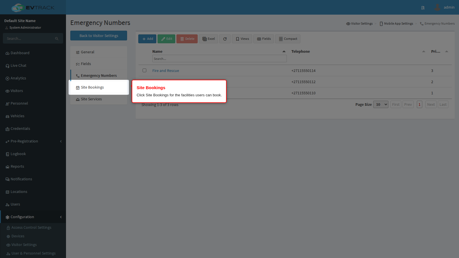 Site Bookings in the page menu
