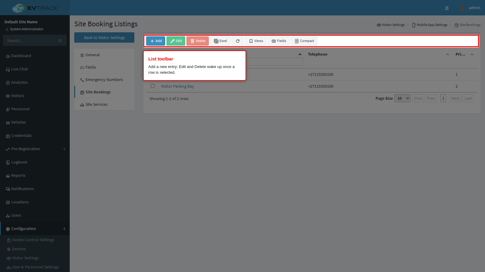 The list toolbar