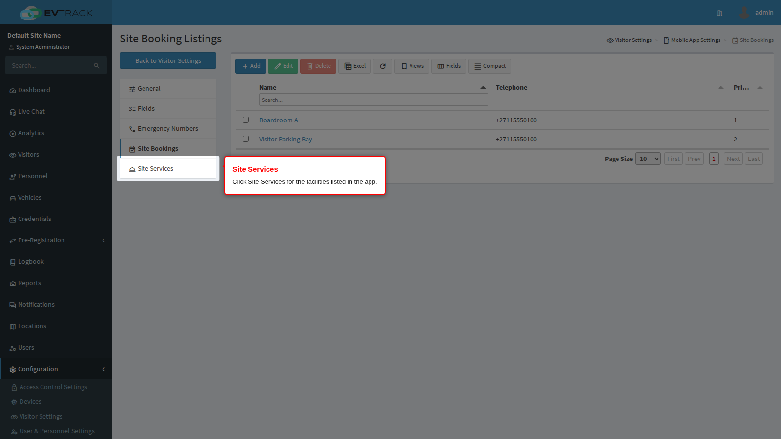 Site Services in the page menu