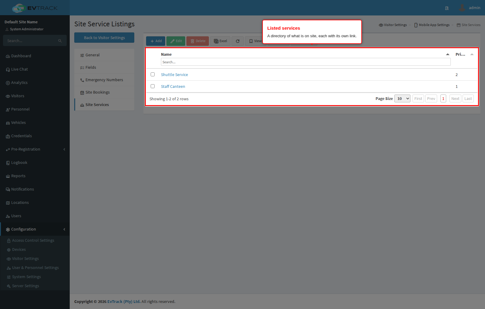 The site services list