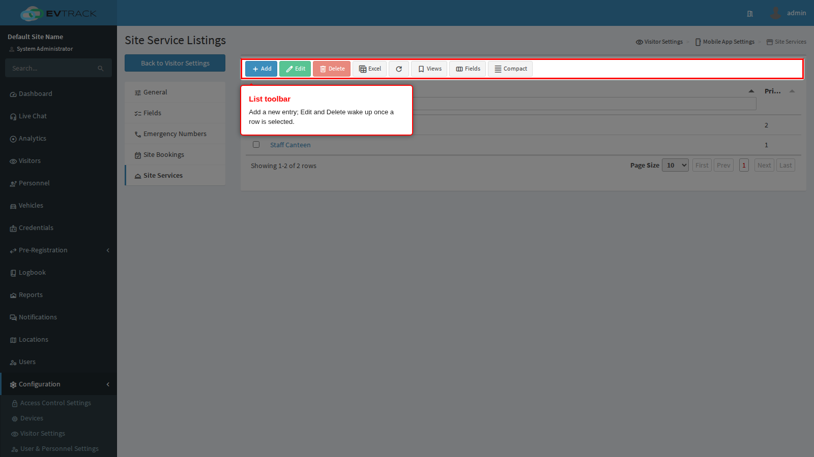 The list toolbar