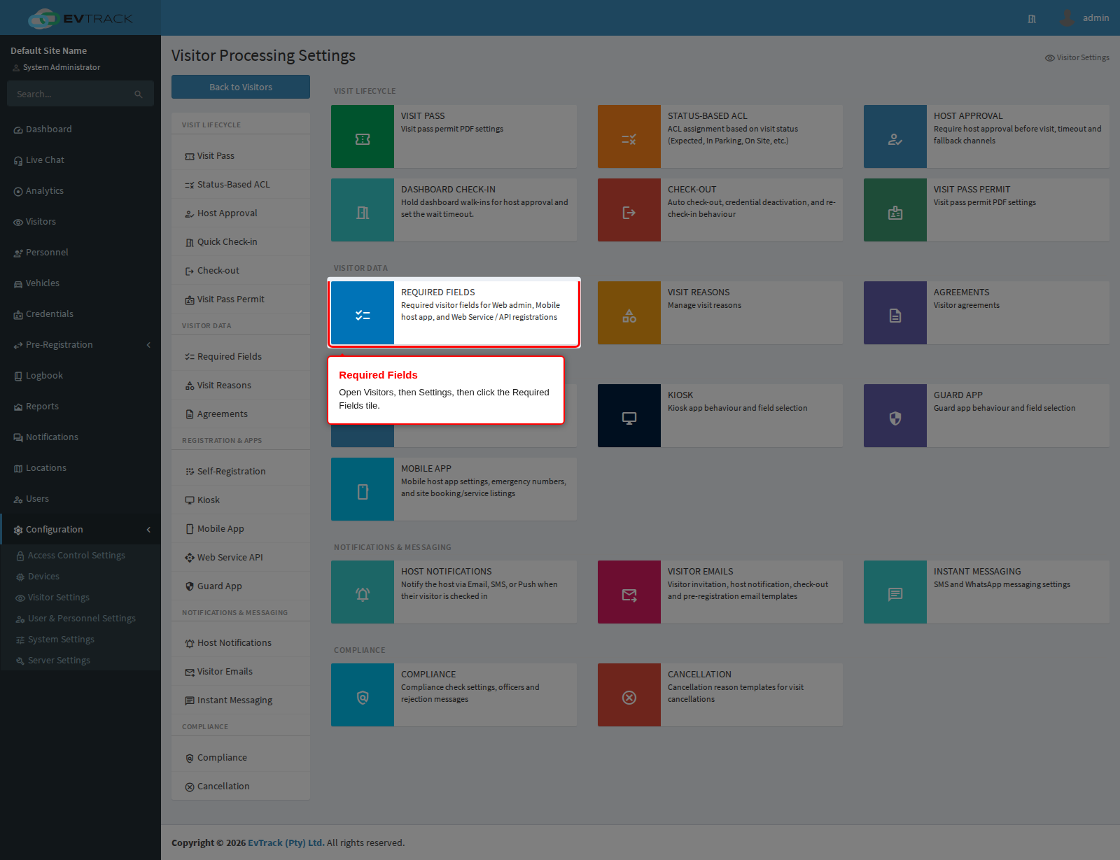 The Required Fields tile on the Visitor Settings page