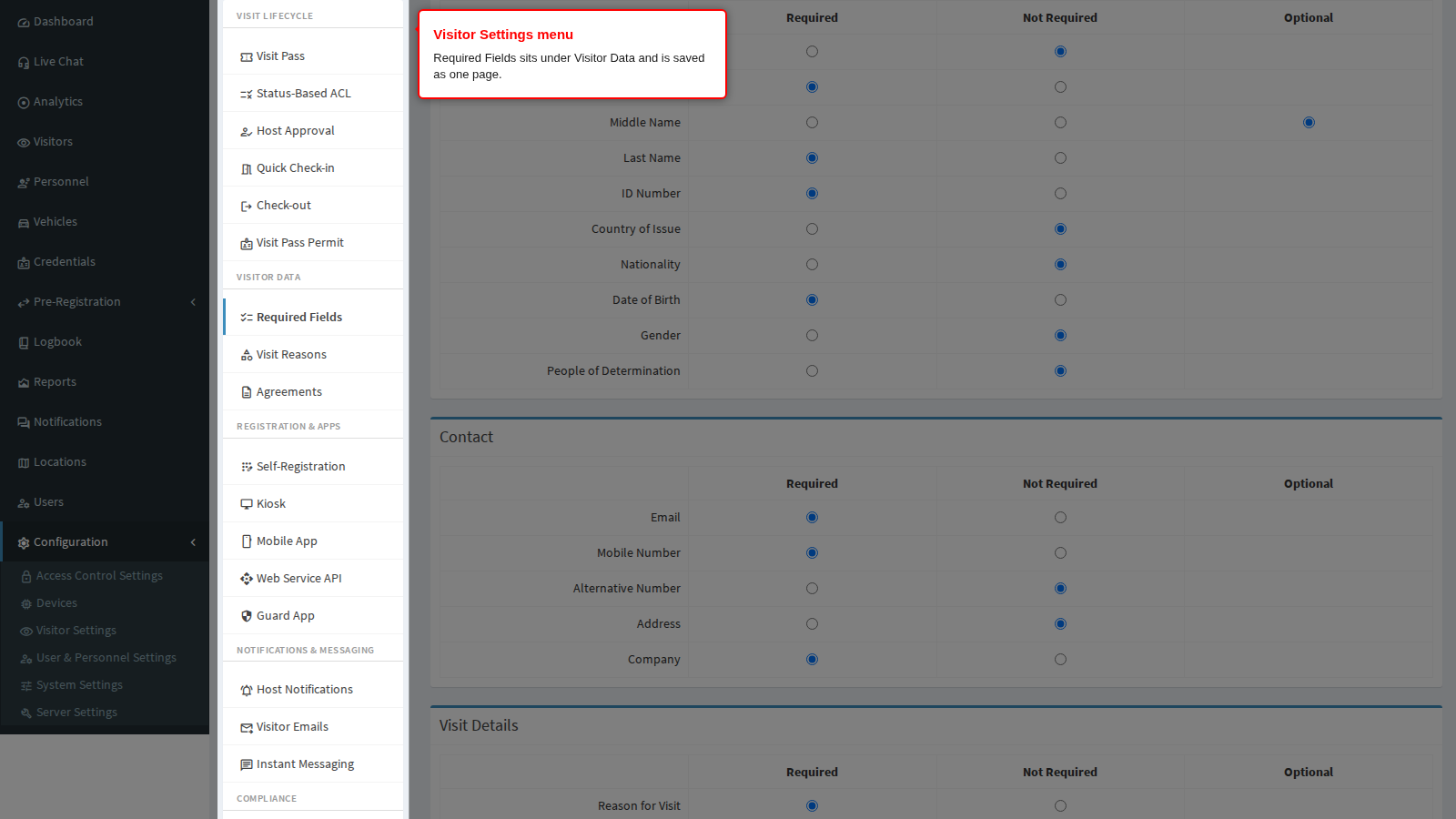 The Visitor Settings menu