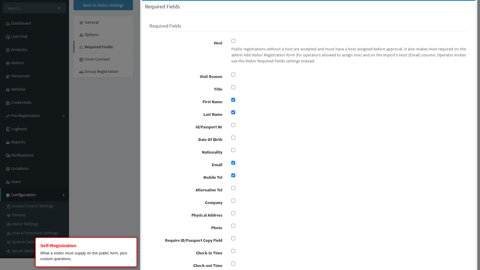 Self-registration required fields