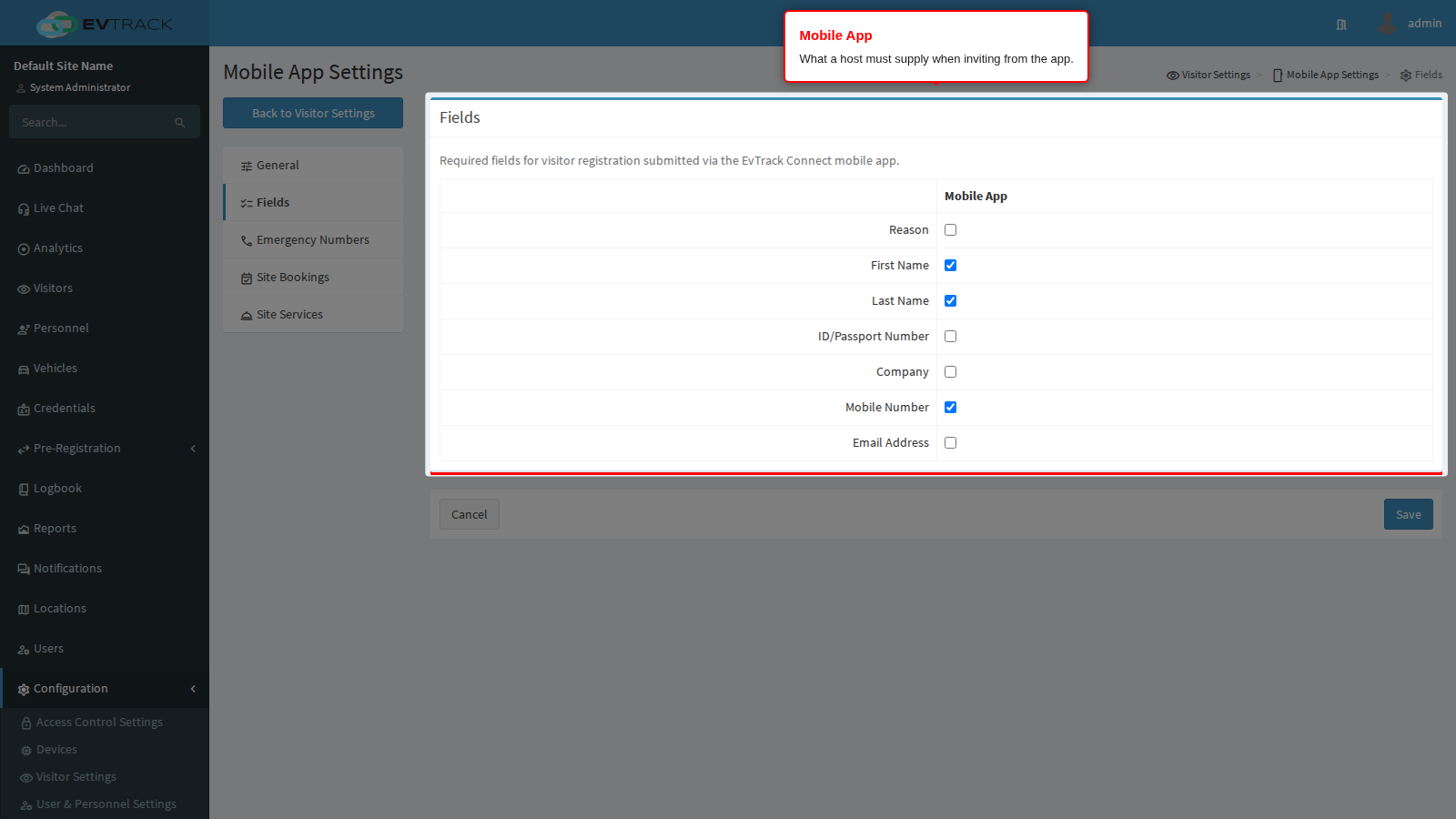 Mobile app fields