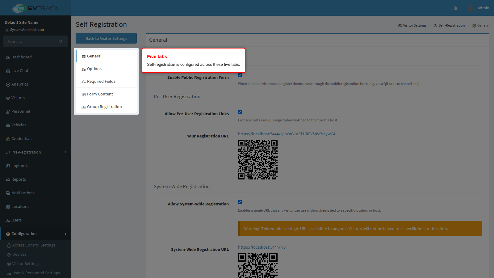 The five Self-Registration tabs
