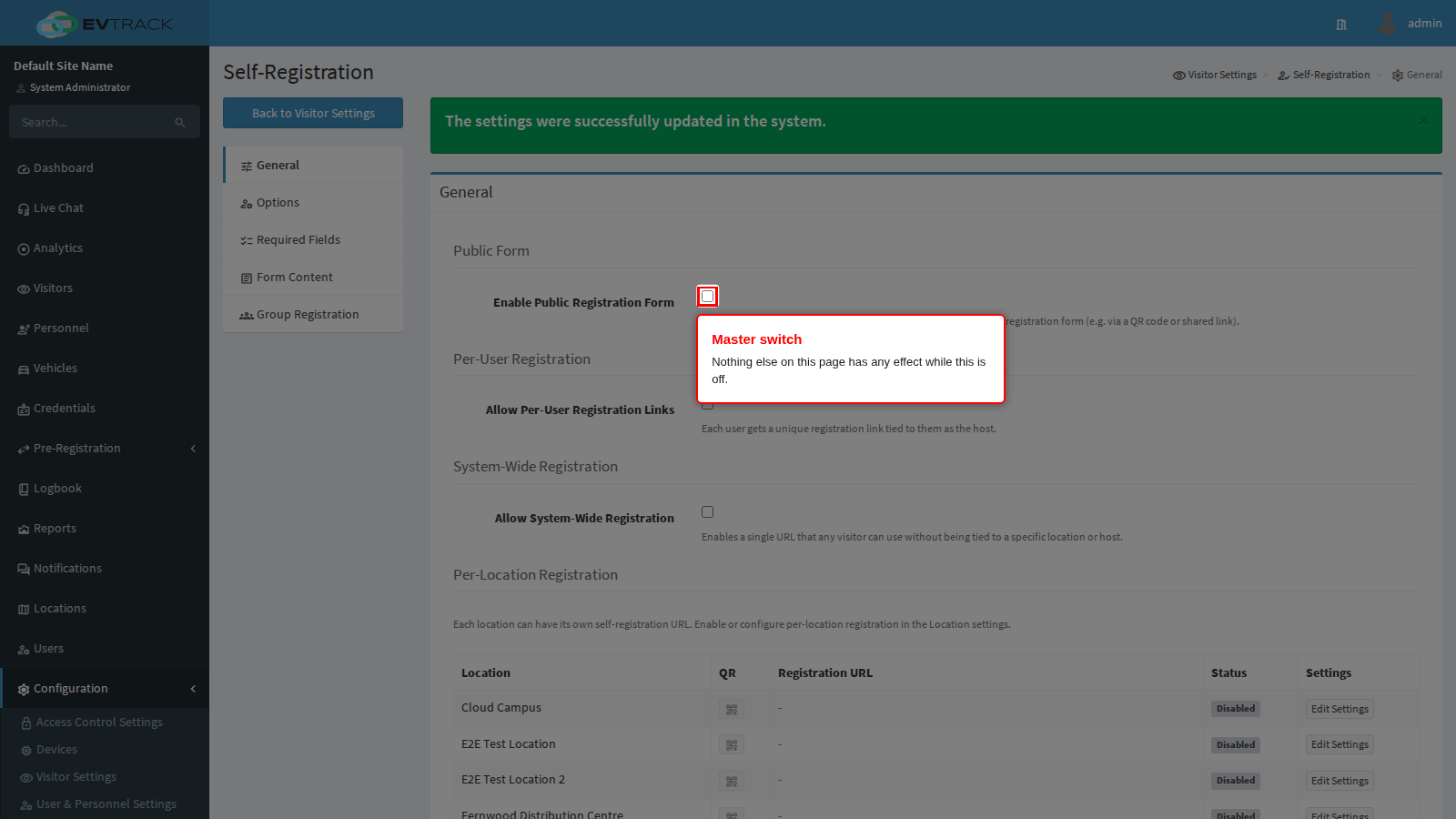 The Enable Public Registration Form switch