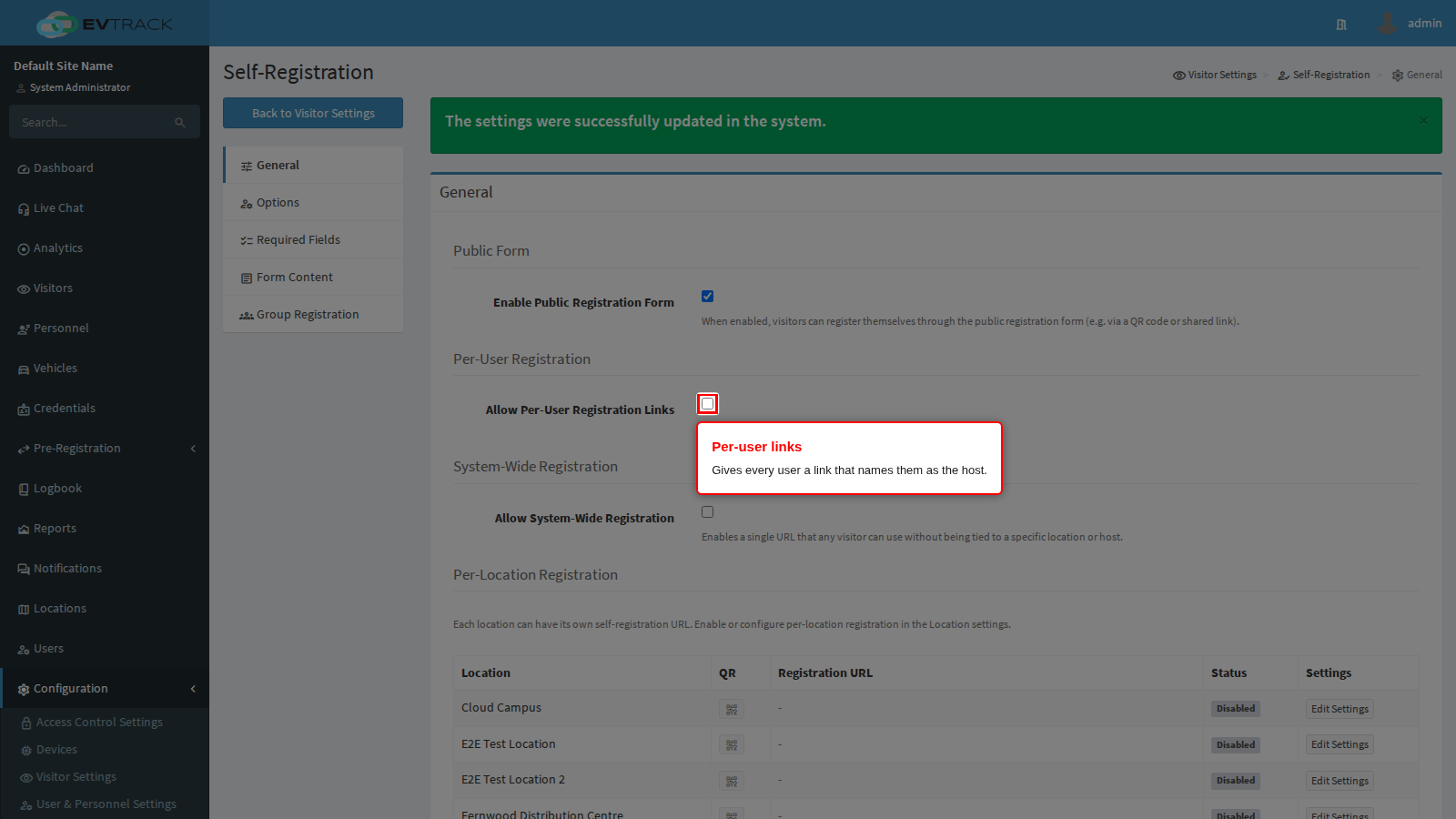 The Allow Per-User Registration Links toggle