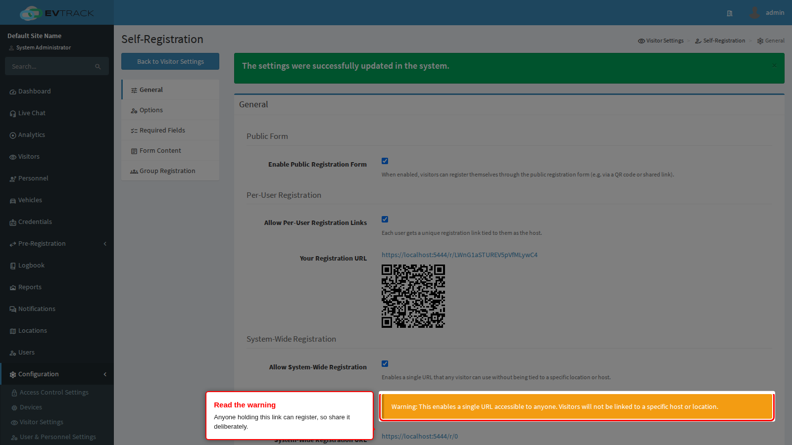 The warning shown once system-wide registration is on