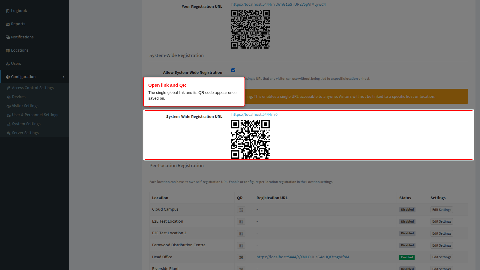 The system-wide link and its QR code