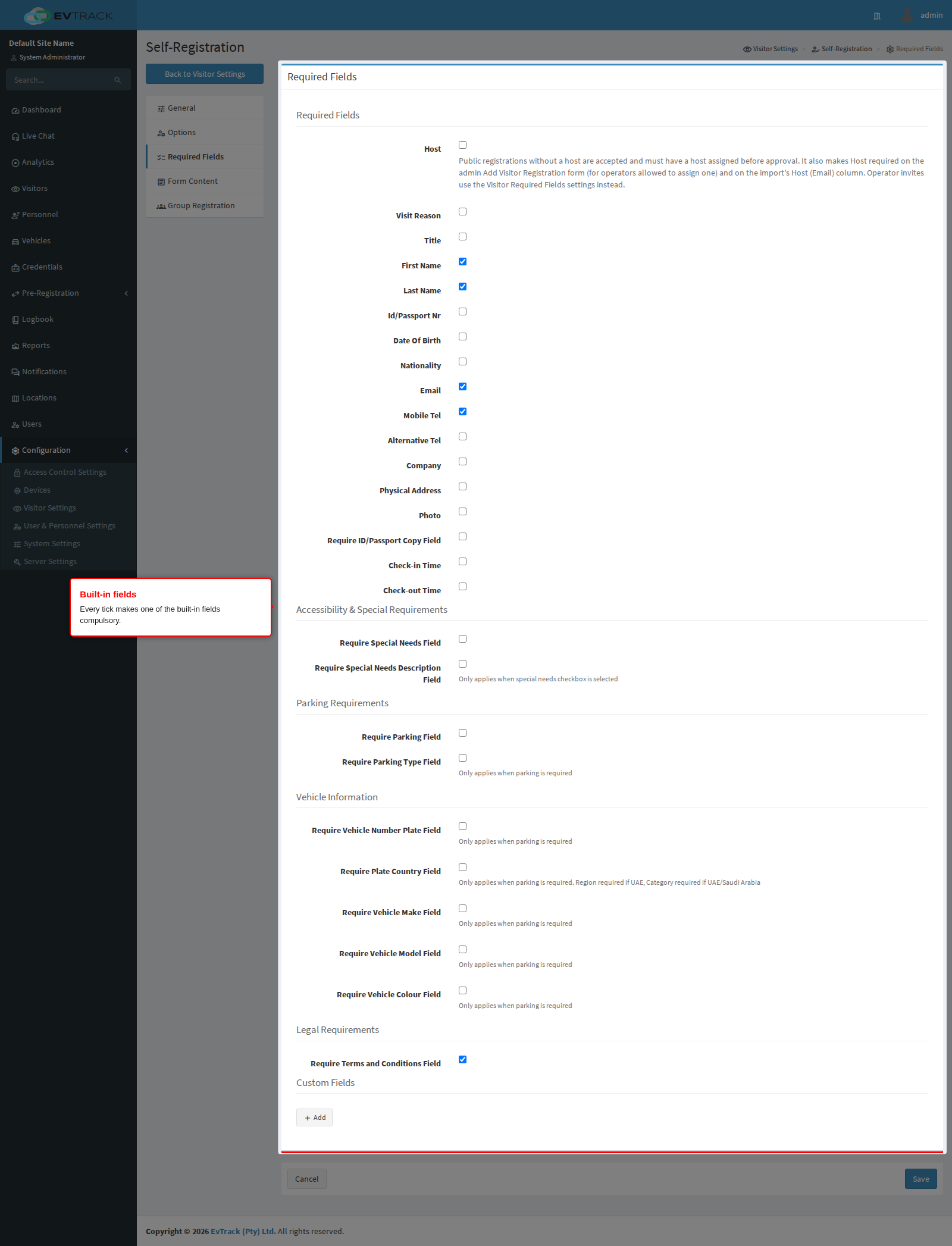 The built-in field switches on the Required Fields tab