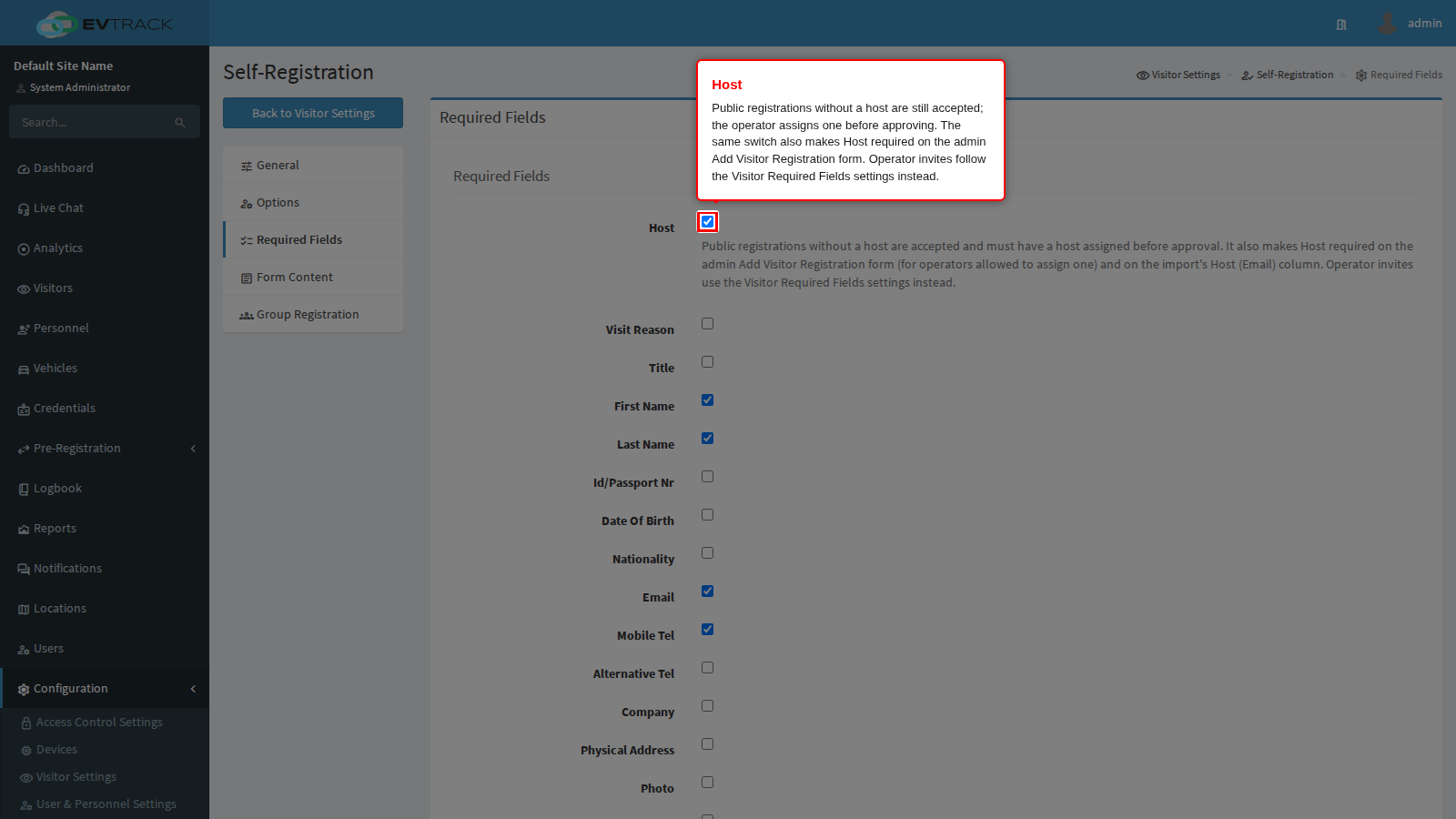 The Host switch on the Required Fields tab