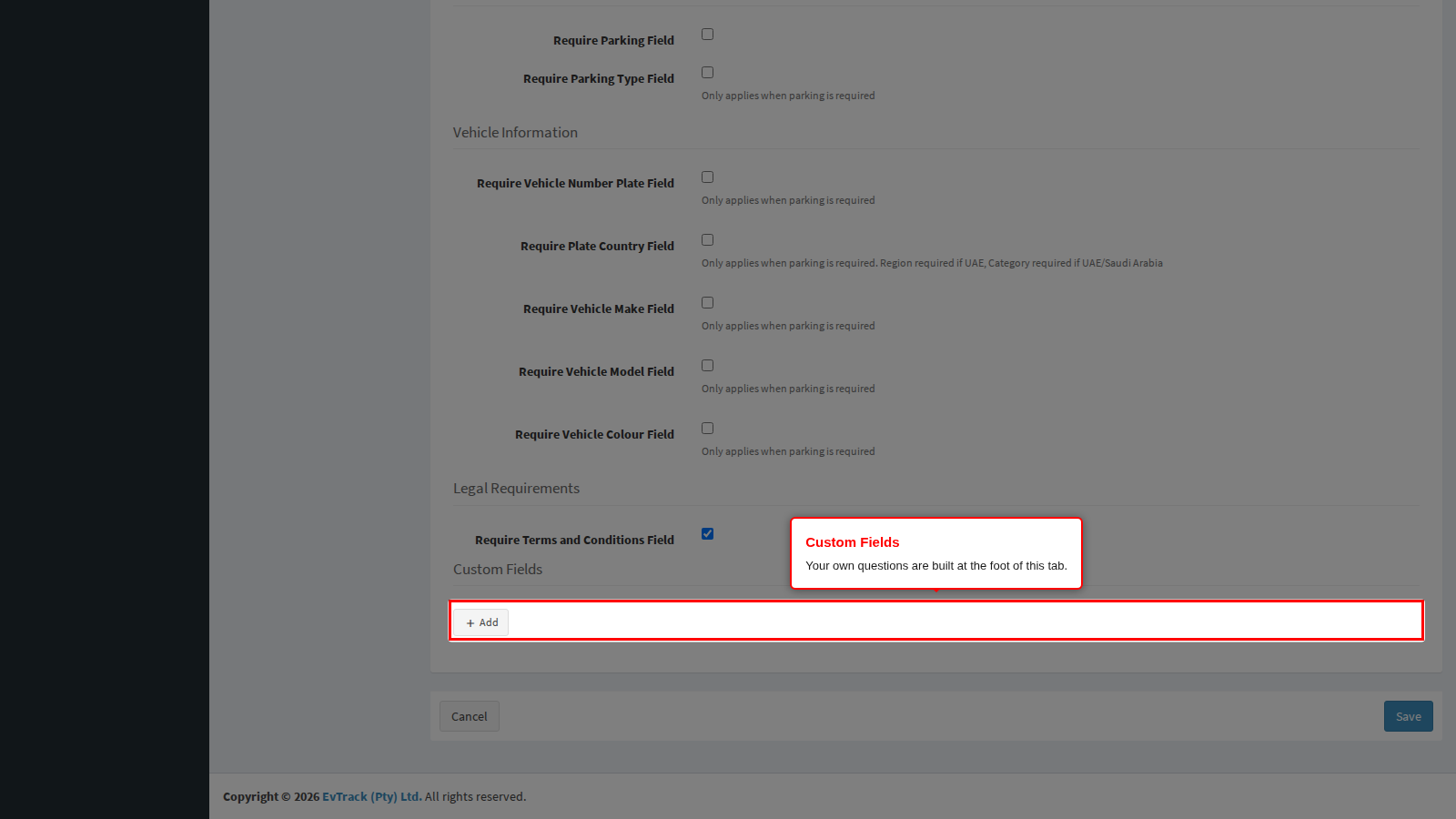 The custom-field builder at the foot of the Required Fields tab