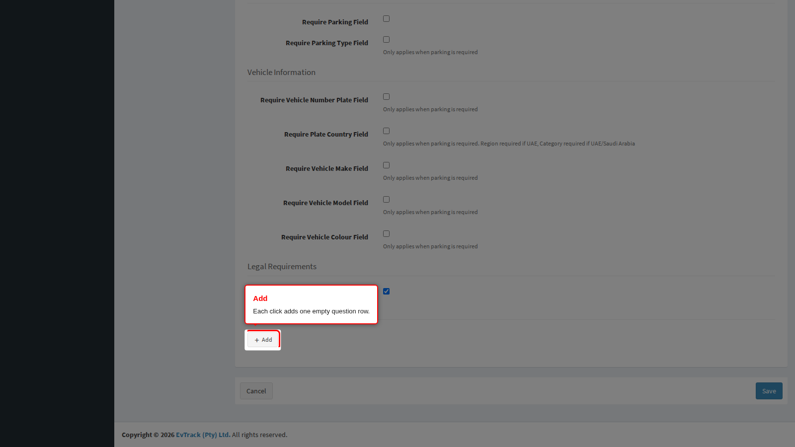 The Add button creates one empty question row