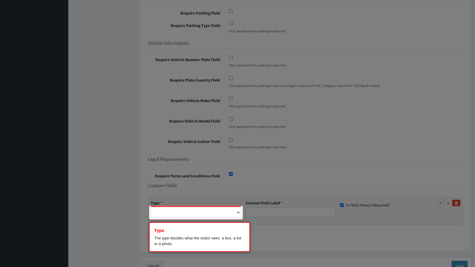 The Type list on a new question row