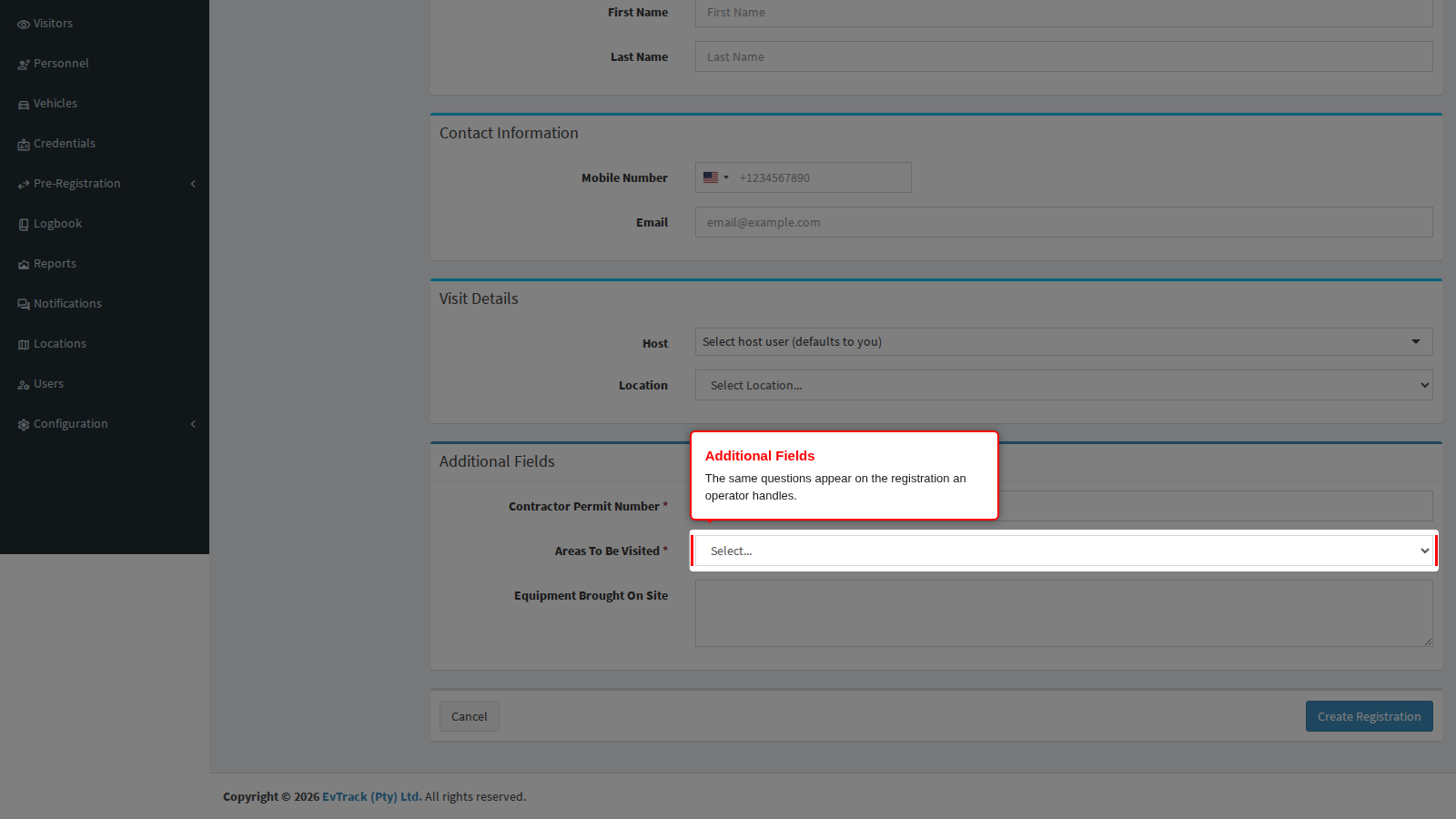 The custom questions on a visitor registration in the admin console