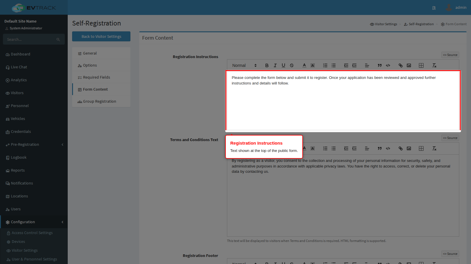 The Registration Instructions editor
