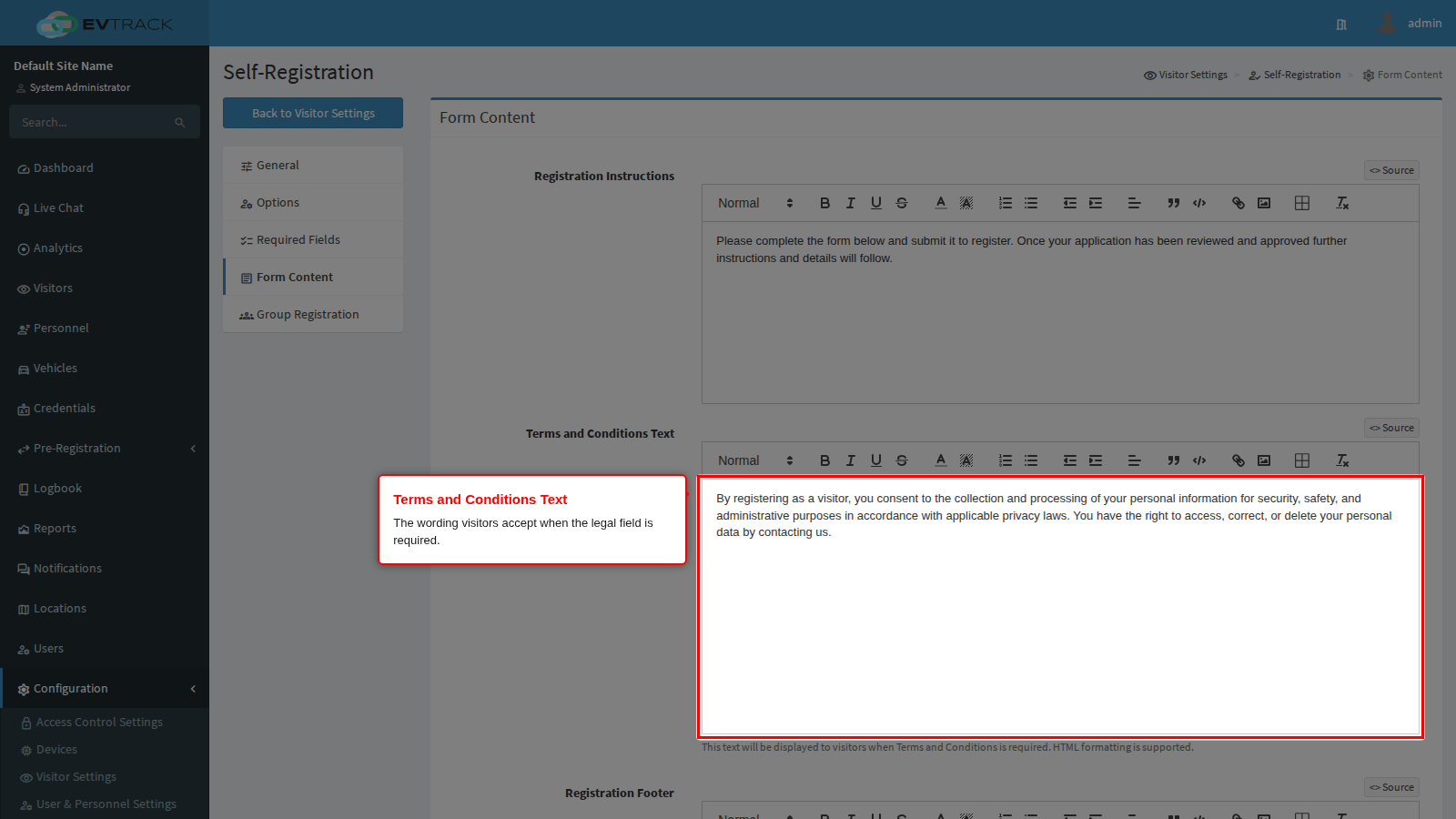 The Terms and Conditions editor