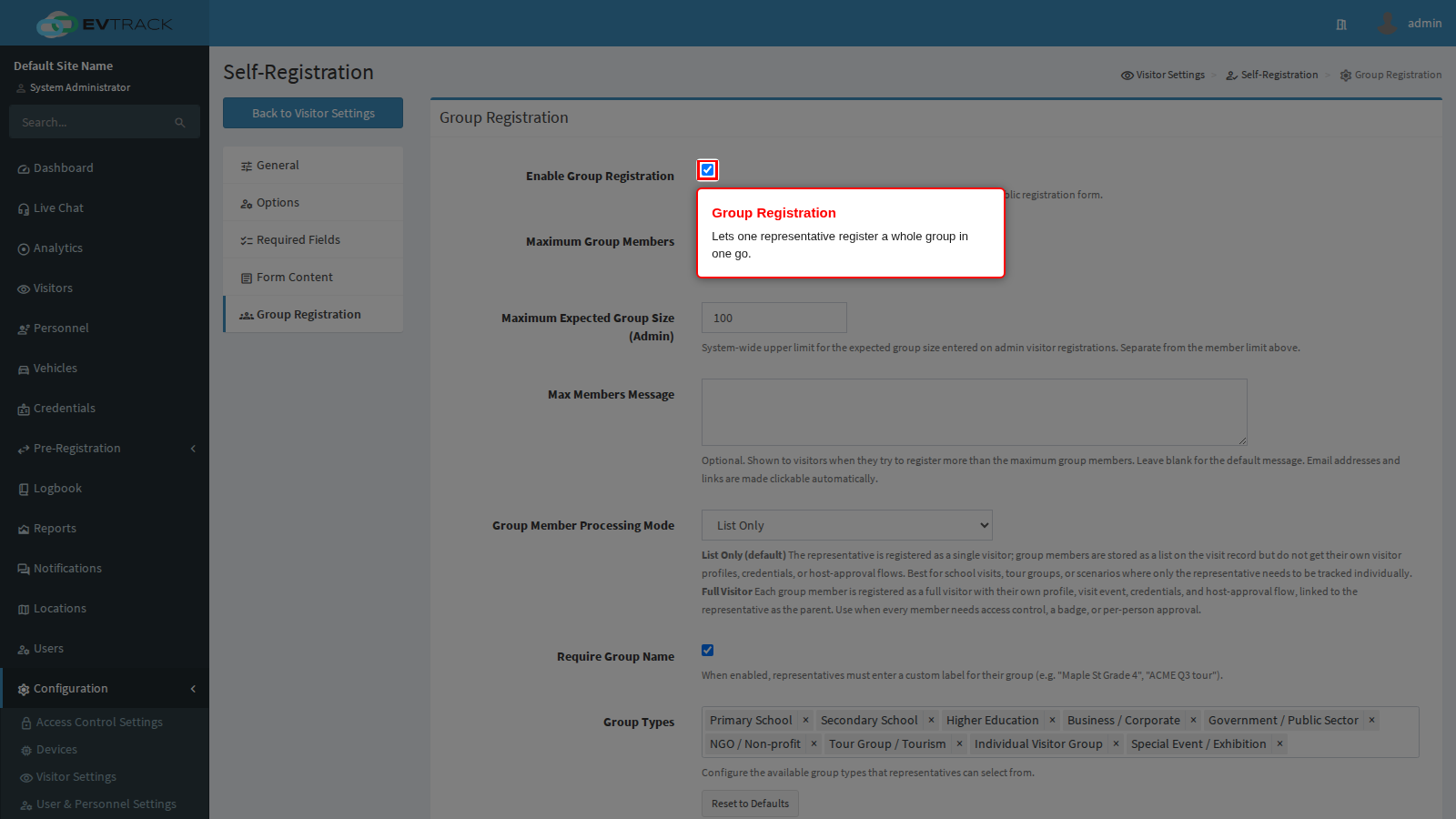 The Enable Group Registration switch