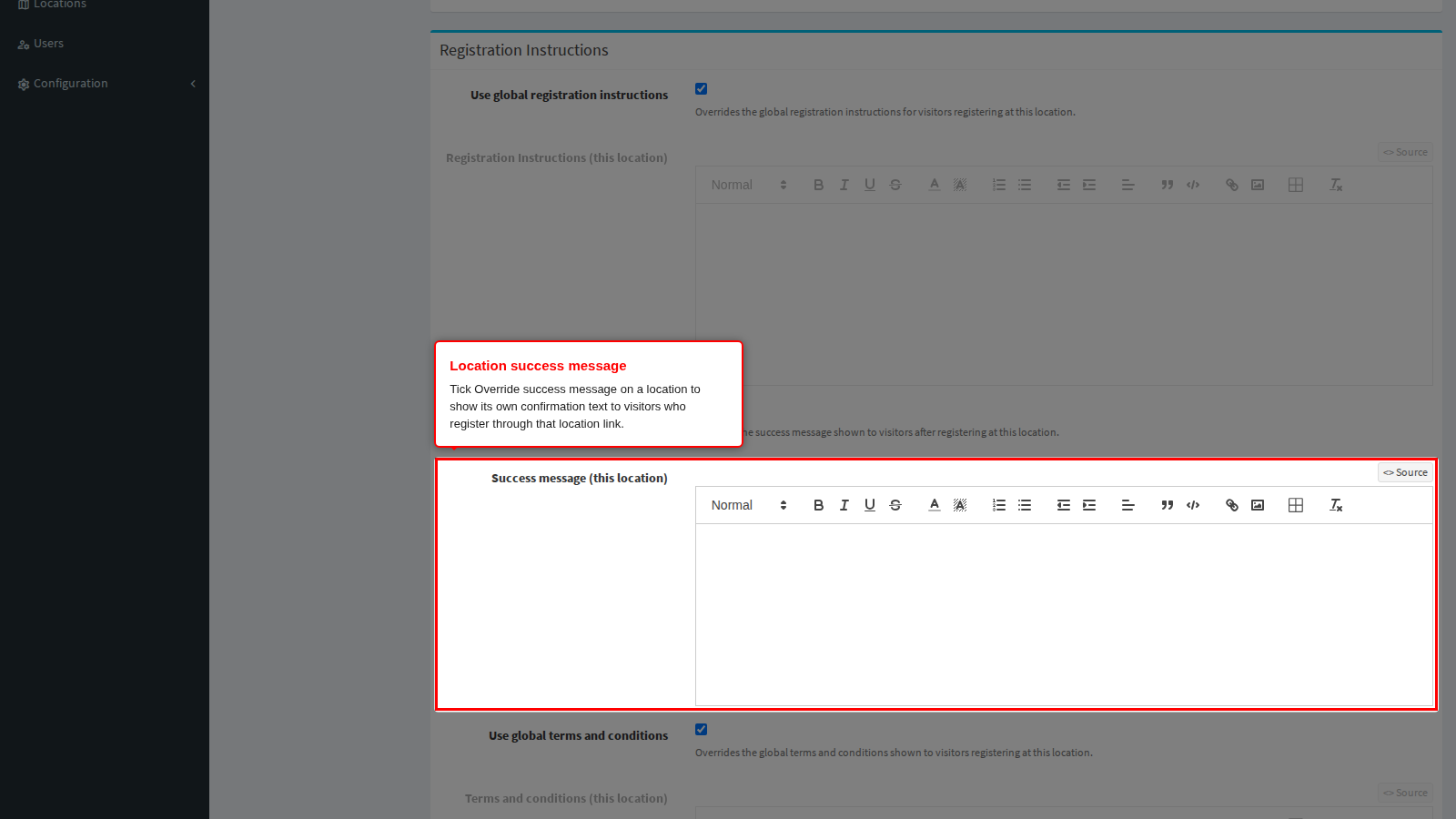 A location's success message override