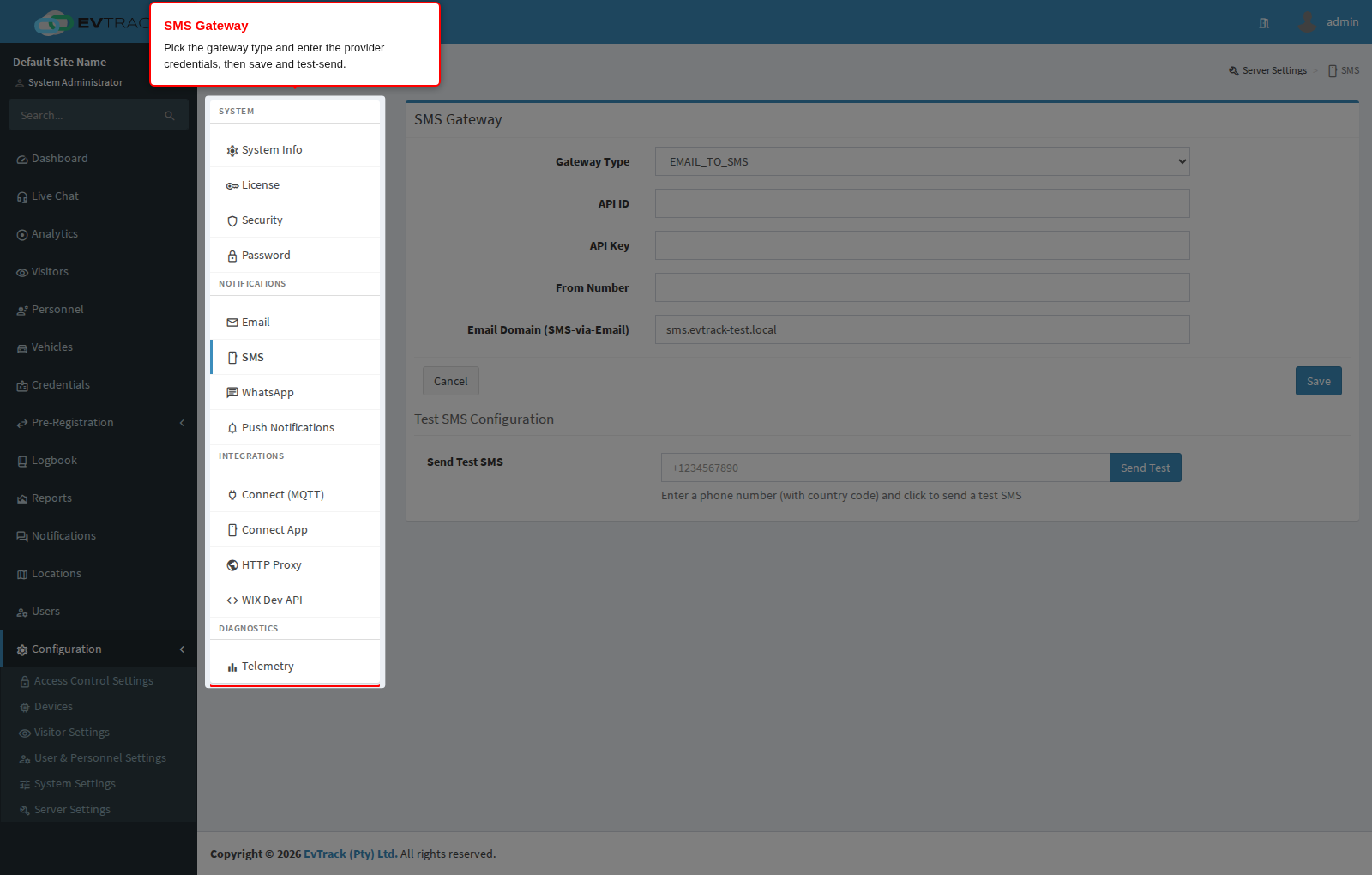 SMS gateway configuration