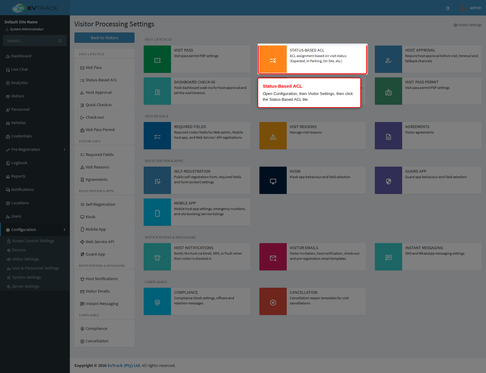 The Status-Based ACL tile on the Visitor Settings page
