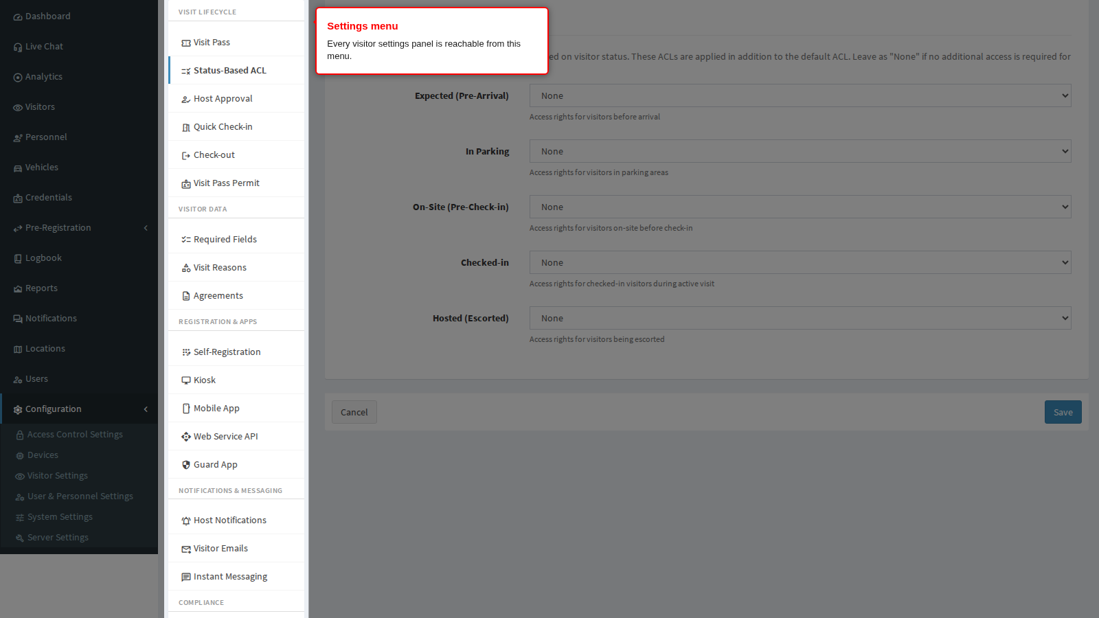 The visitor settings menu on the left of the panel