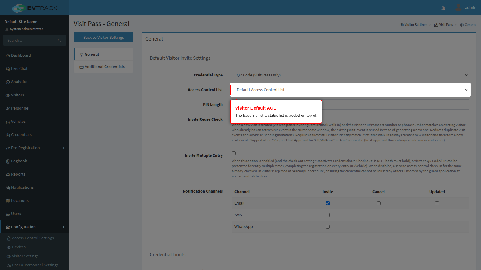 Visitor Default ACL on the Visit Pass panel