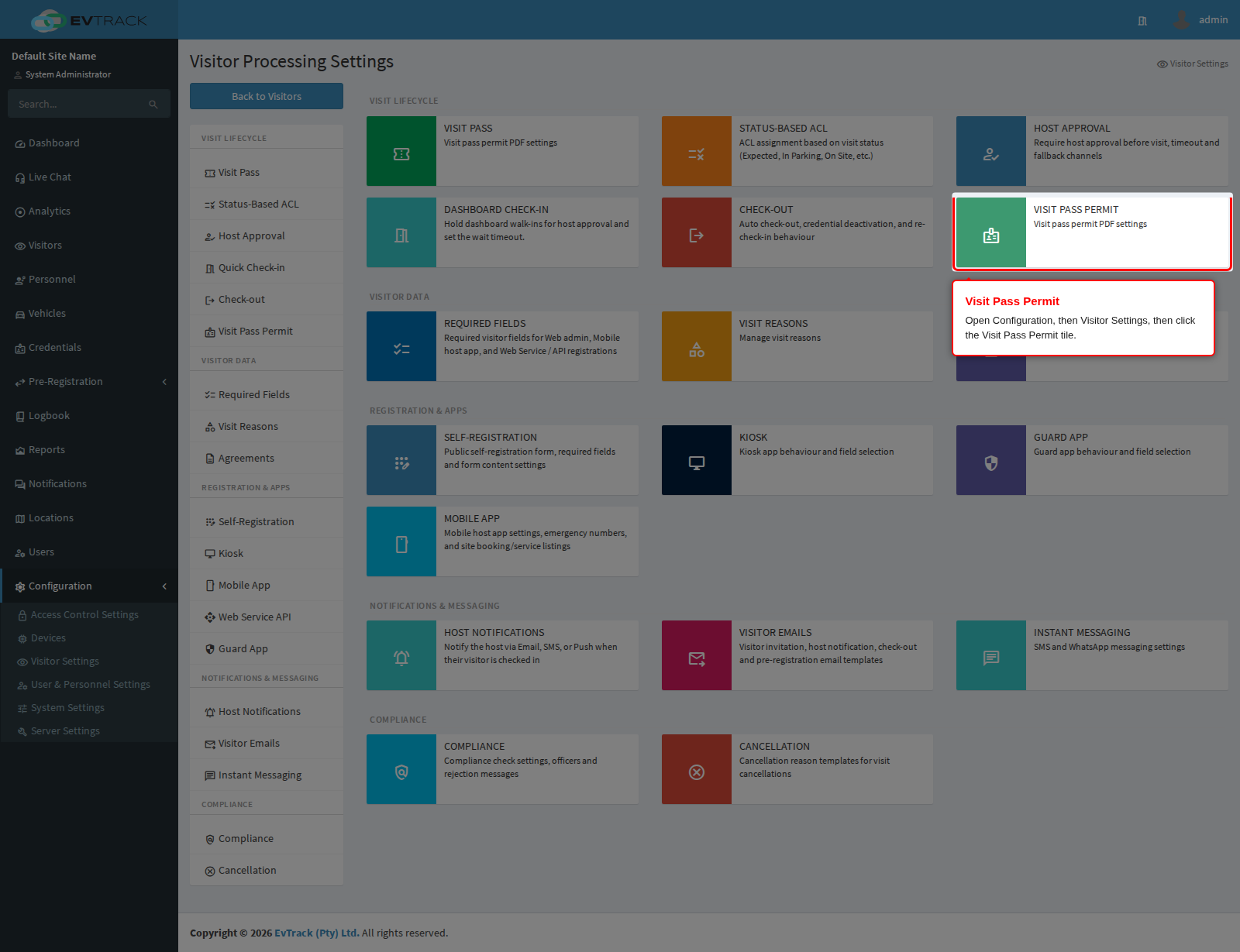 The Visit Pass Permit tile on the Visitor Settings page