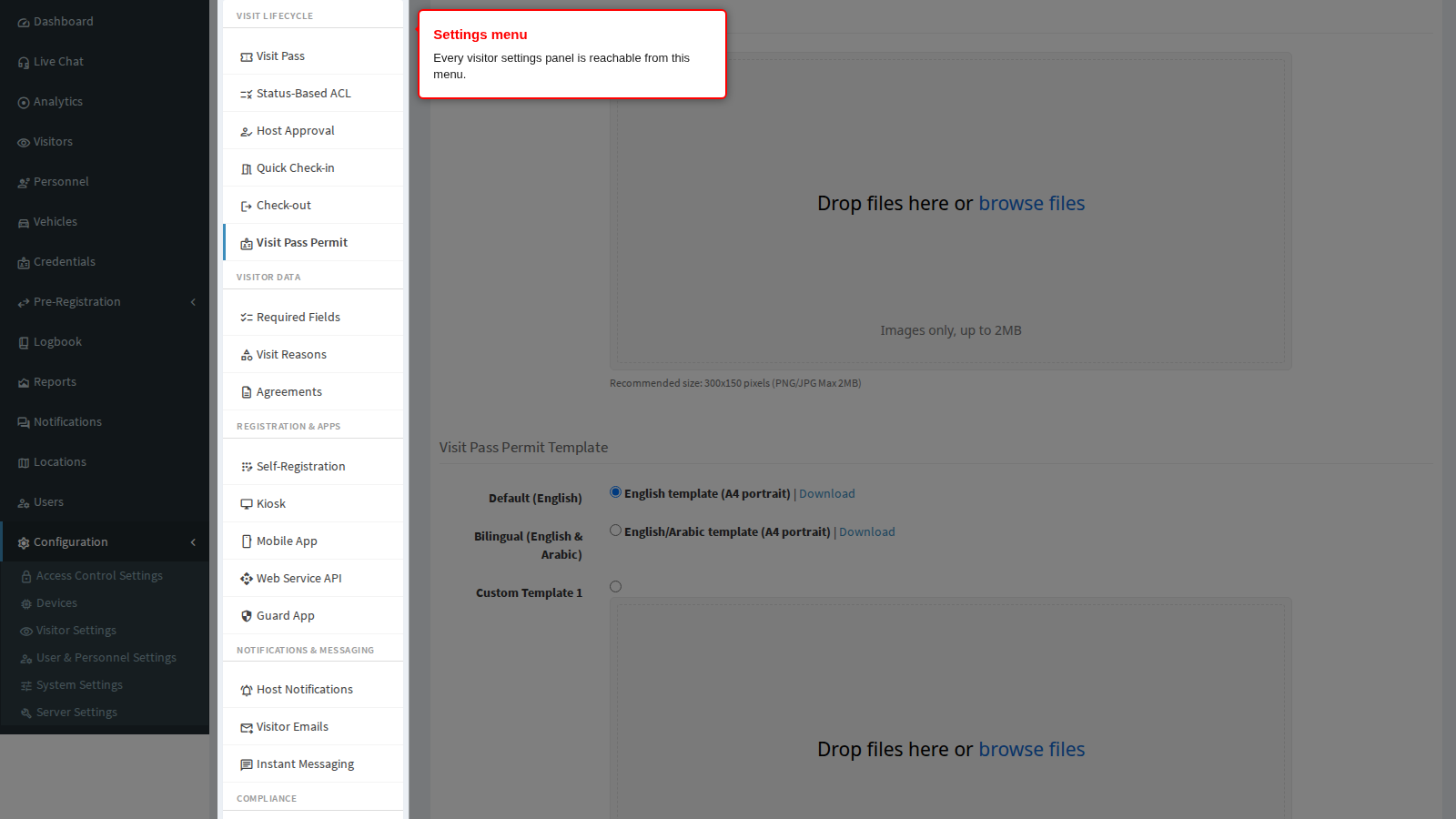 The visitor settings menu on the left of the panel