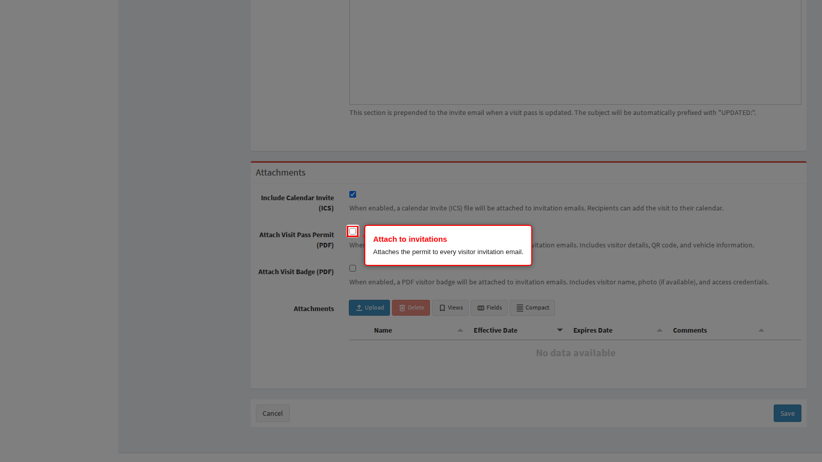 Attach Visit Pass Permit on the invitation email panel