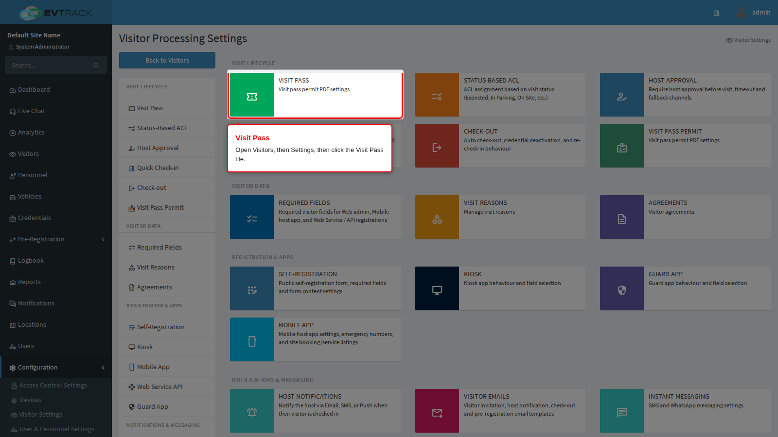 The Visit Pass tile on the Visitor Settings page