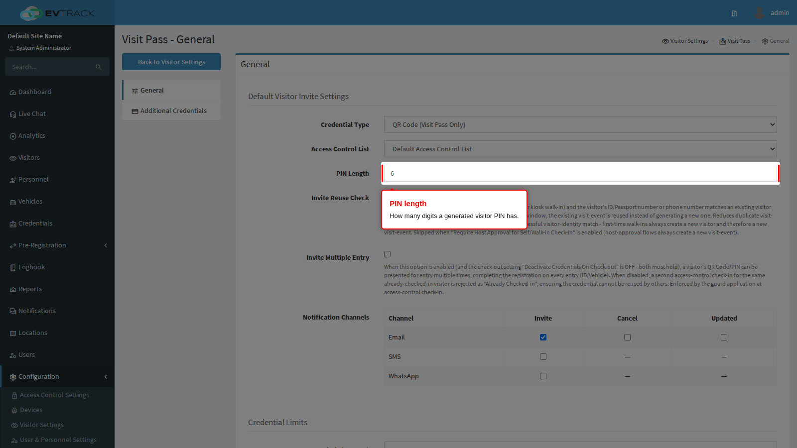 Visitor Default OTP PIN Length