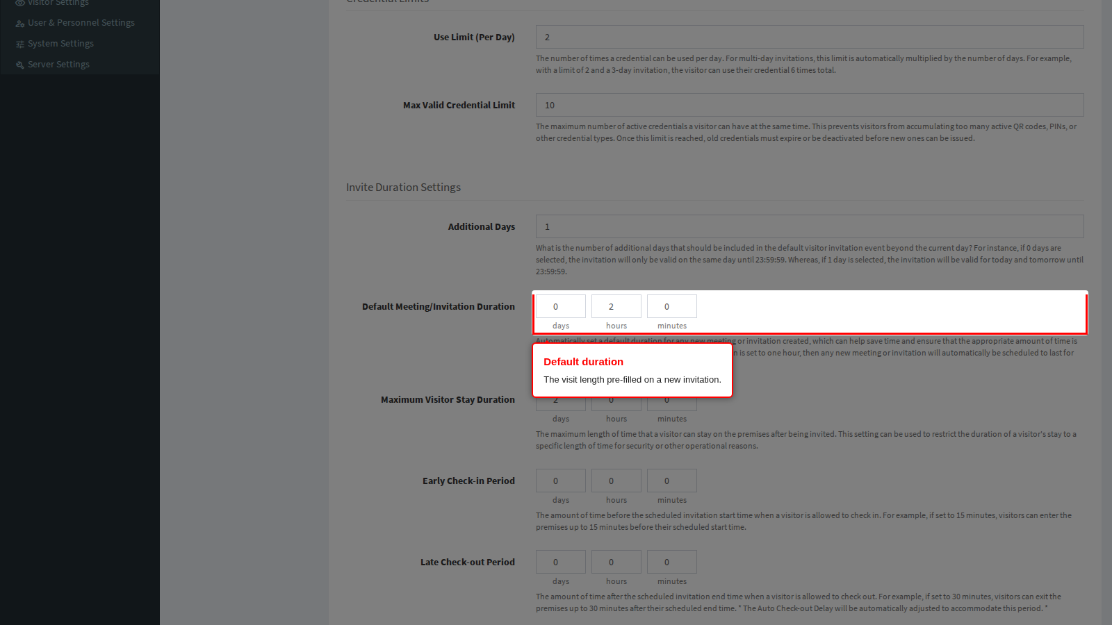 The default invite duration spinner