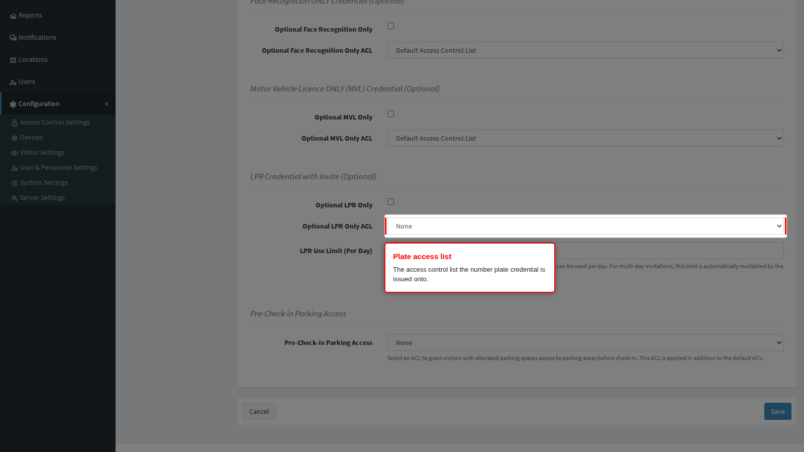 The access control list for plate credentials