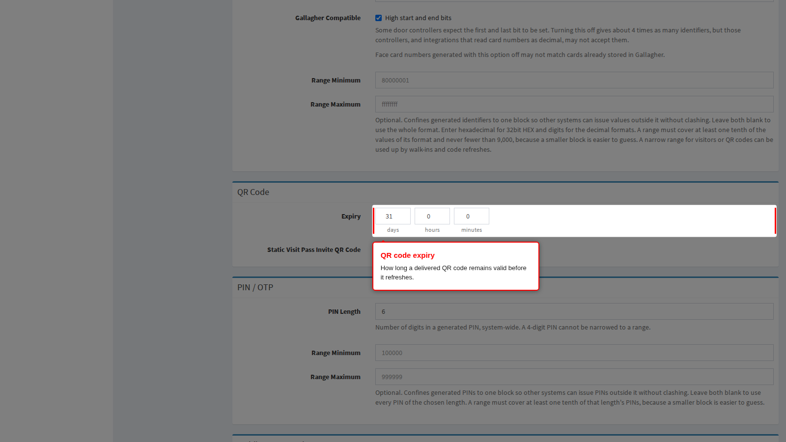The QR code expiry field