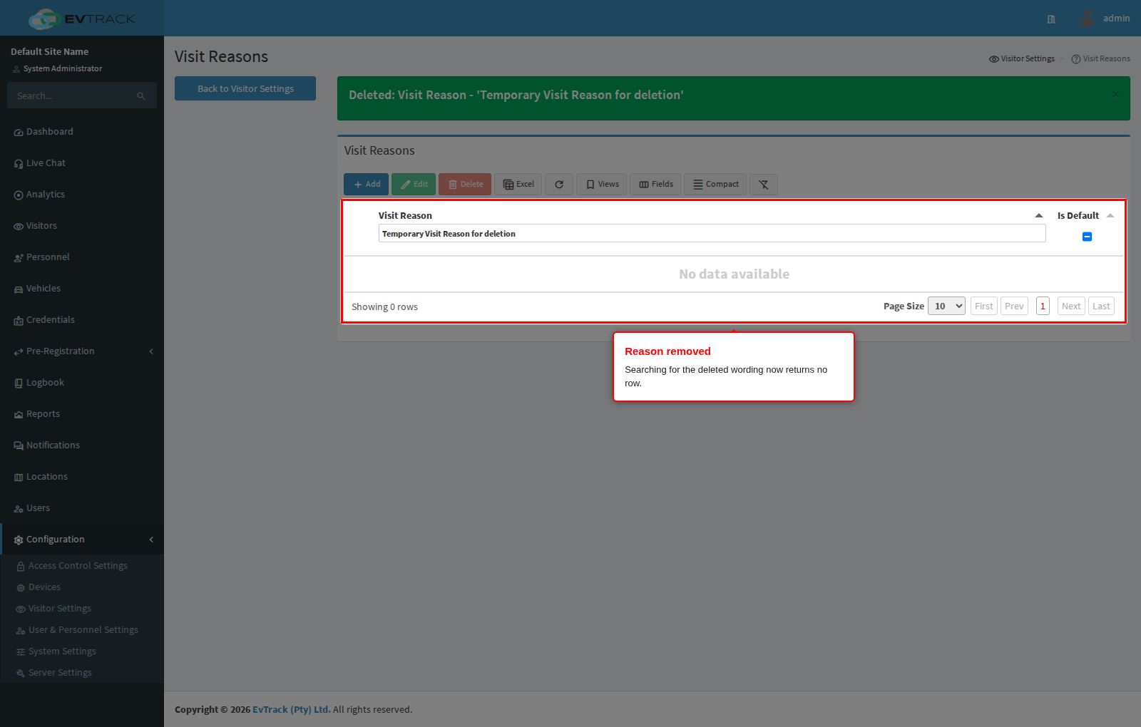 Visit reason removed
