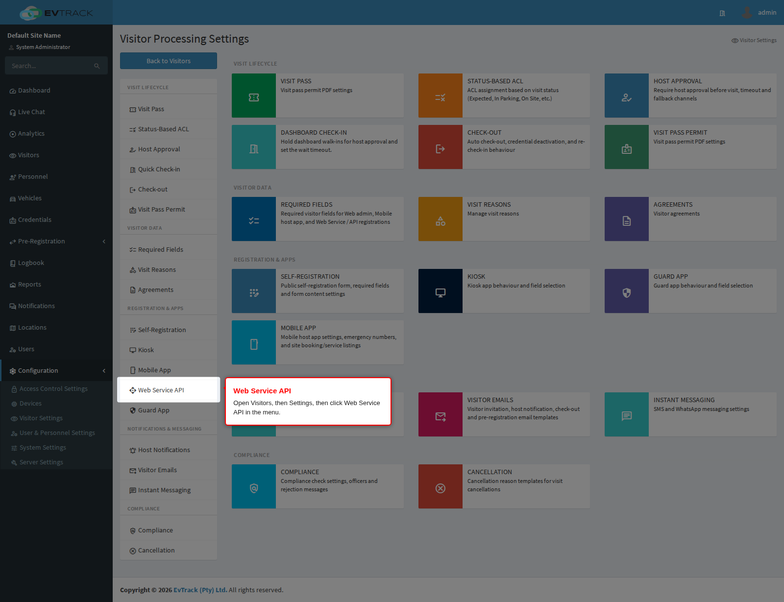Web Service API in the Visitor Settings menu