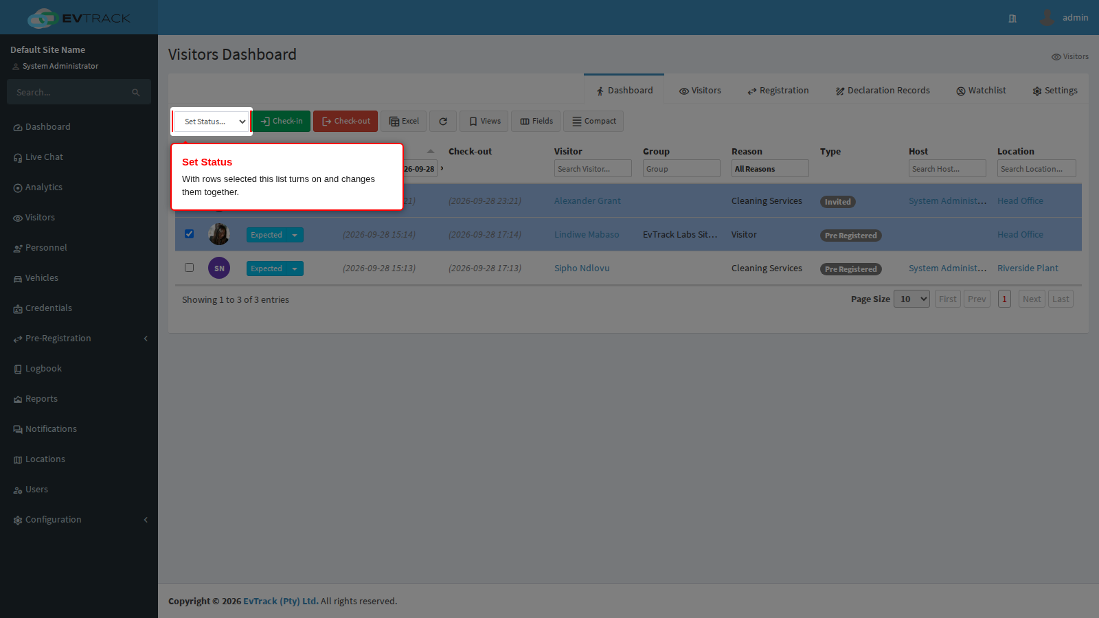 Select rows and set the status