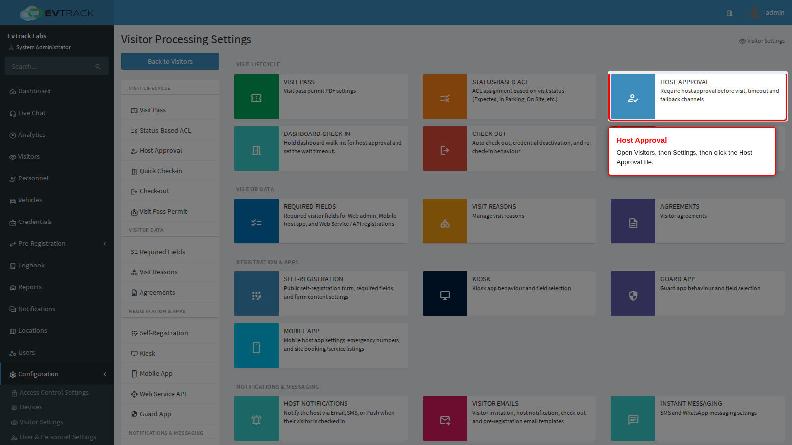 The Host Approval tile on Visitor Settings
