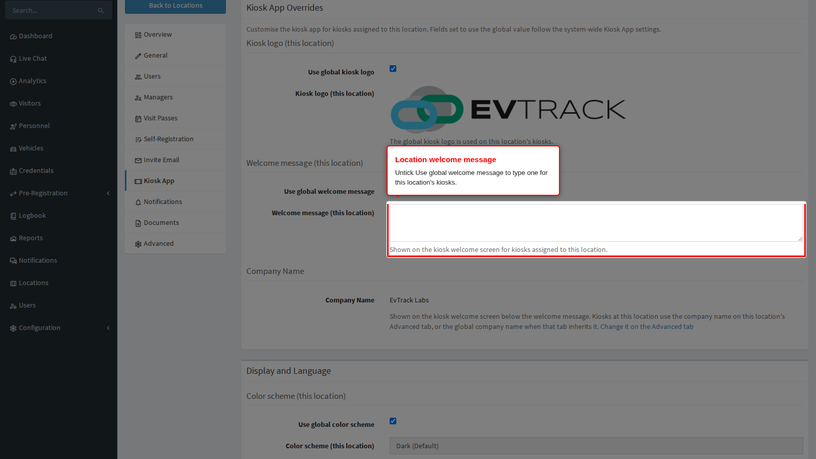 The location welcome message box