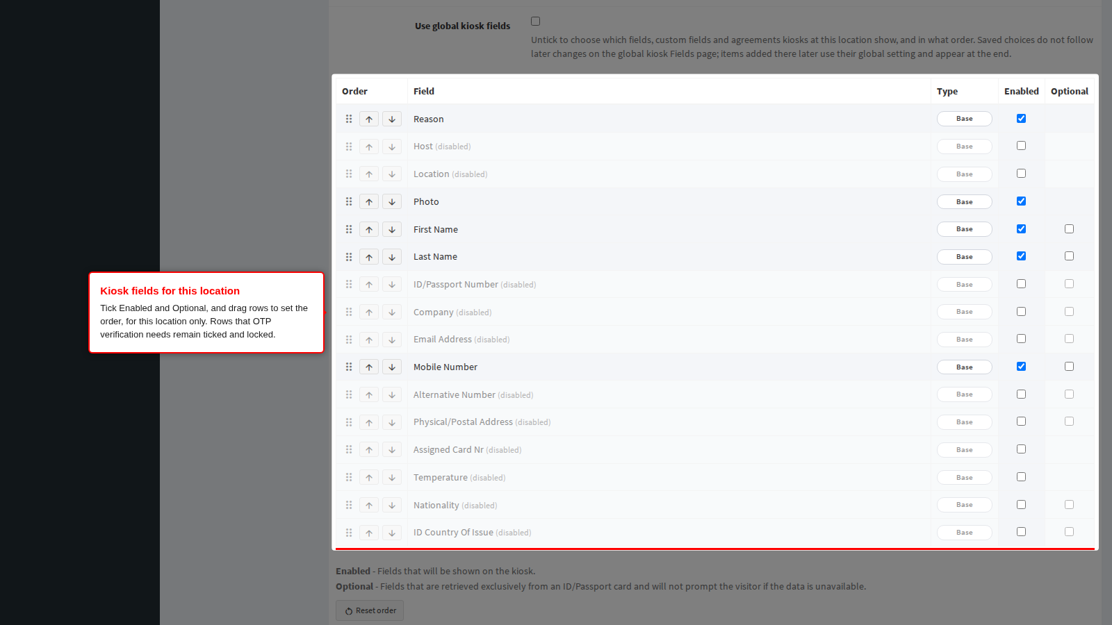 The editable kiosk fields list for this location