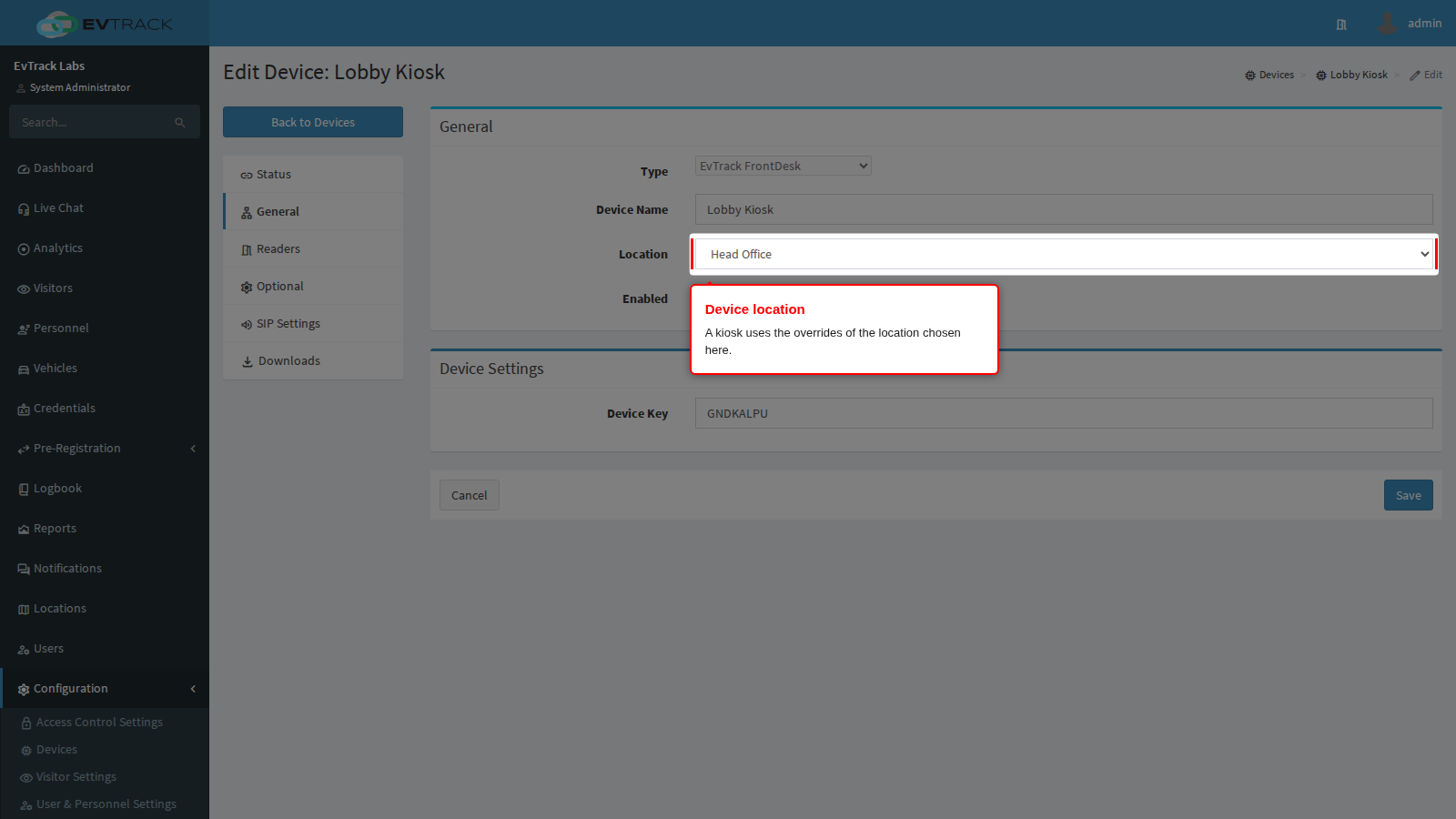 The Location select on the device General panel