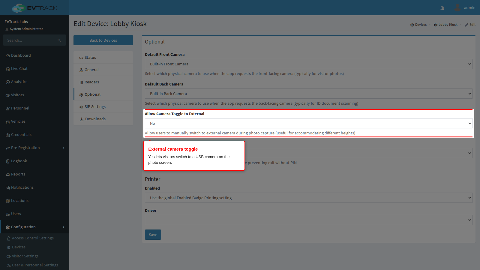 Allow Camera Toggle to External