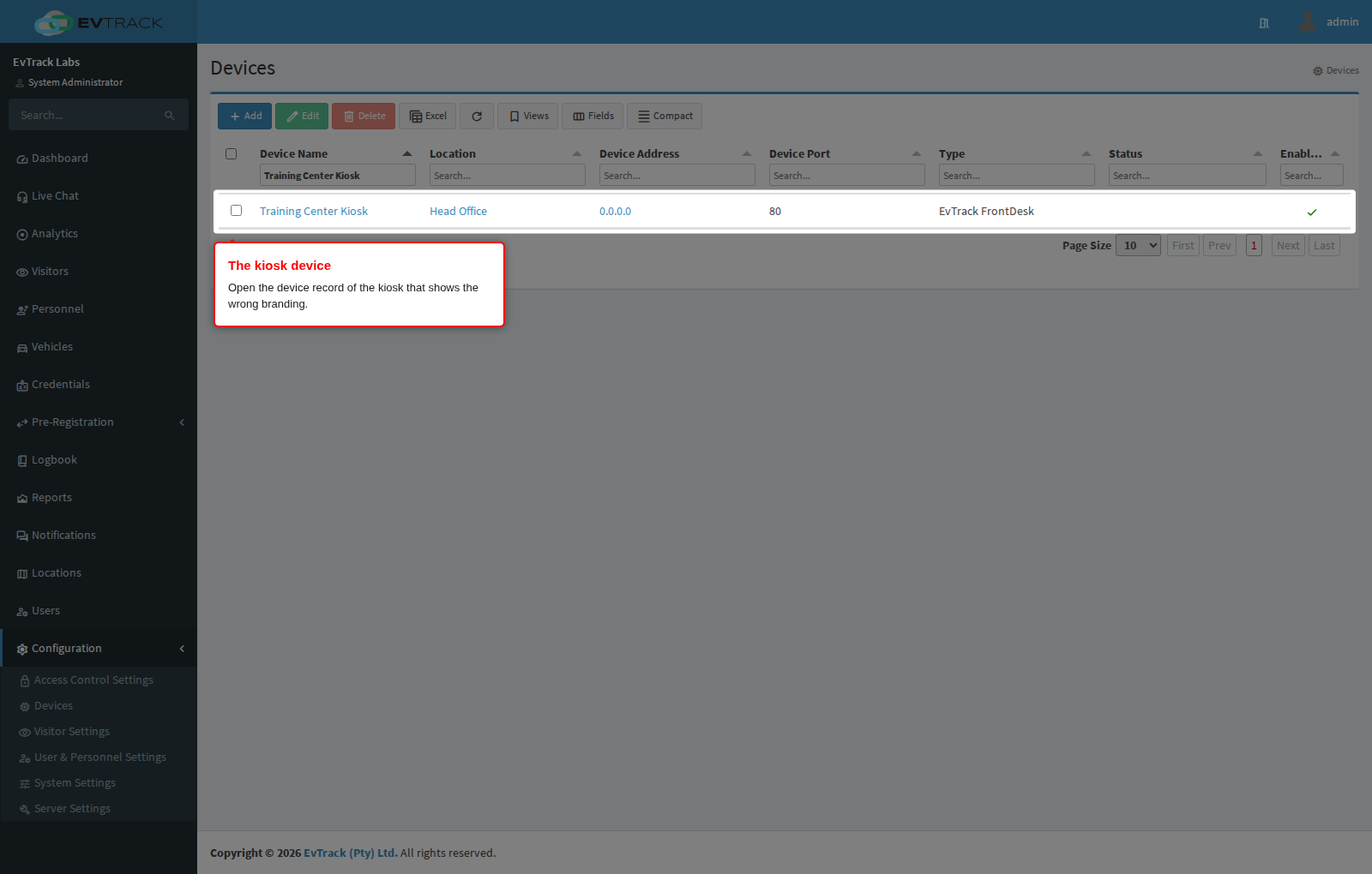 The kiosk device in the device list
