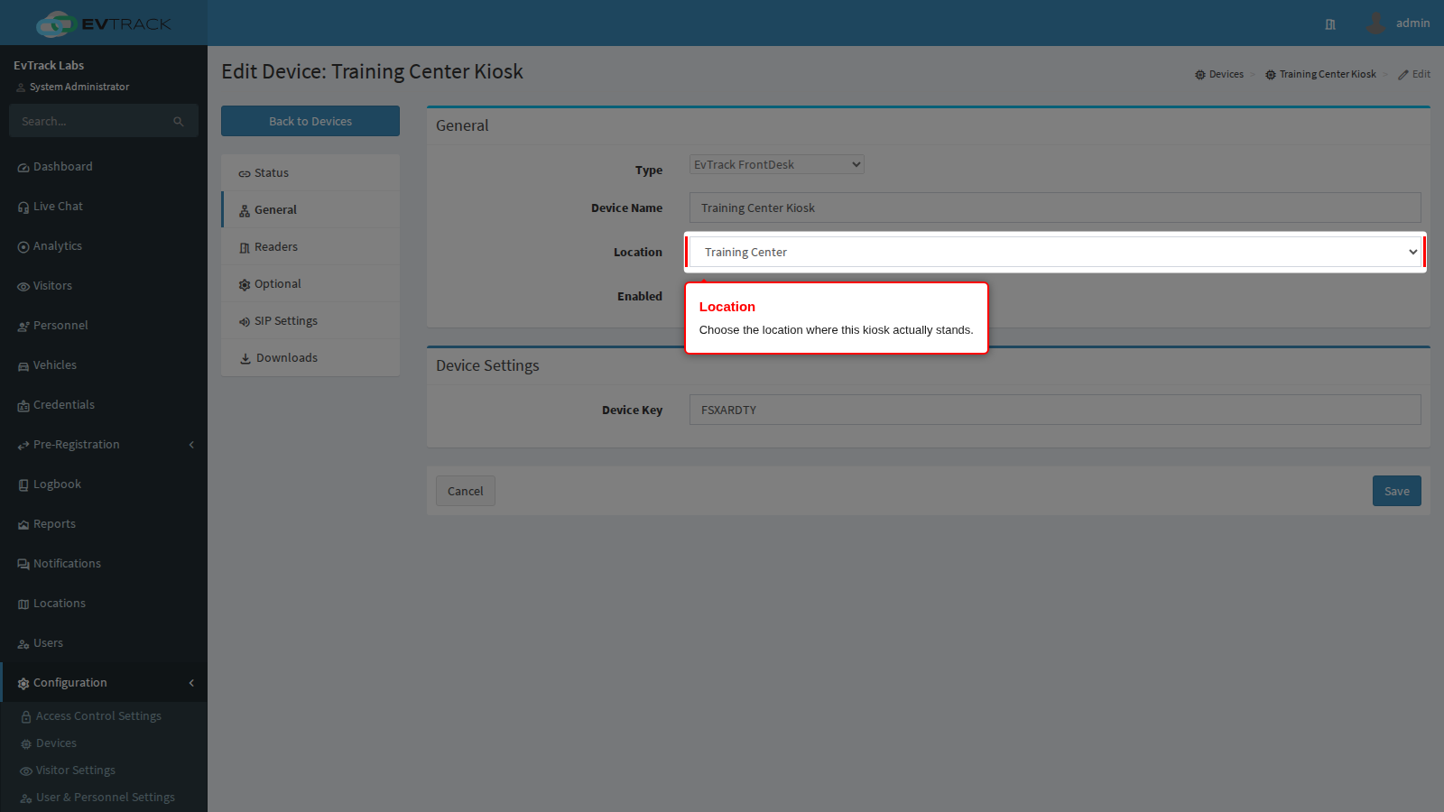 The Location select on the General panel