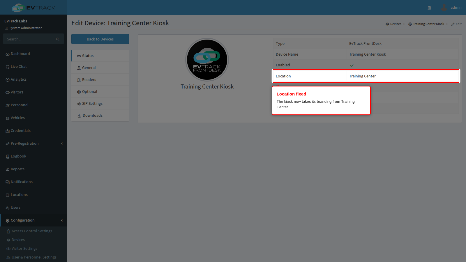 The Status panel Location row shows Training Center