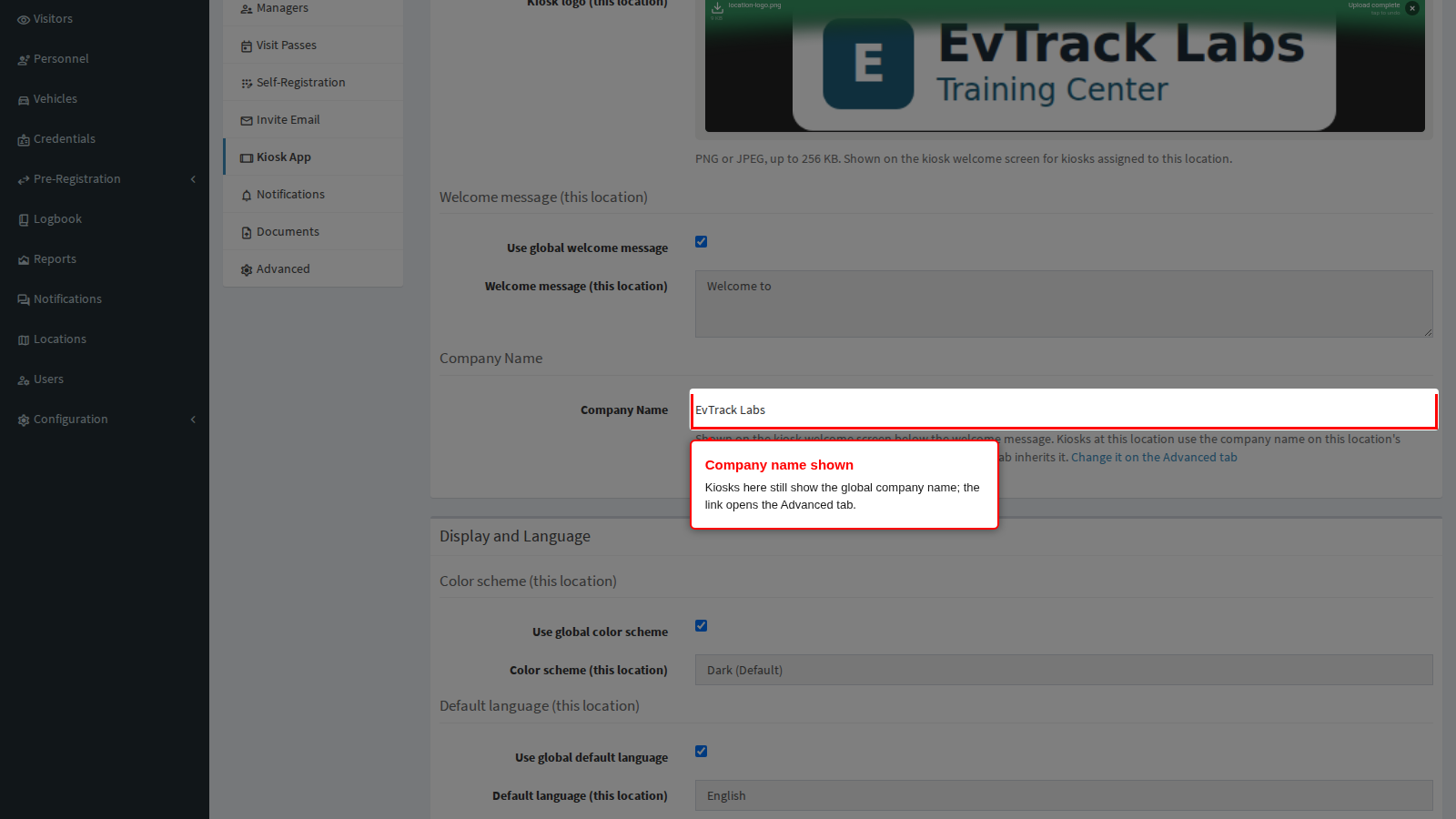 The company name kiosks here show is still the global one, EvTrack Labs